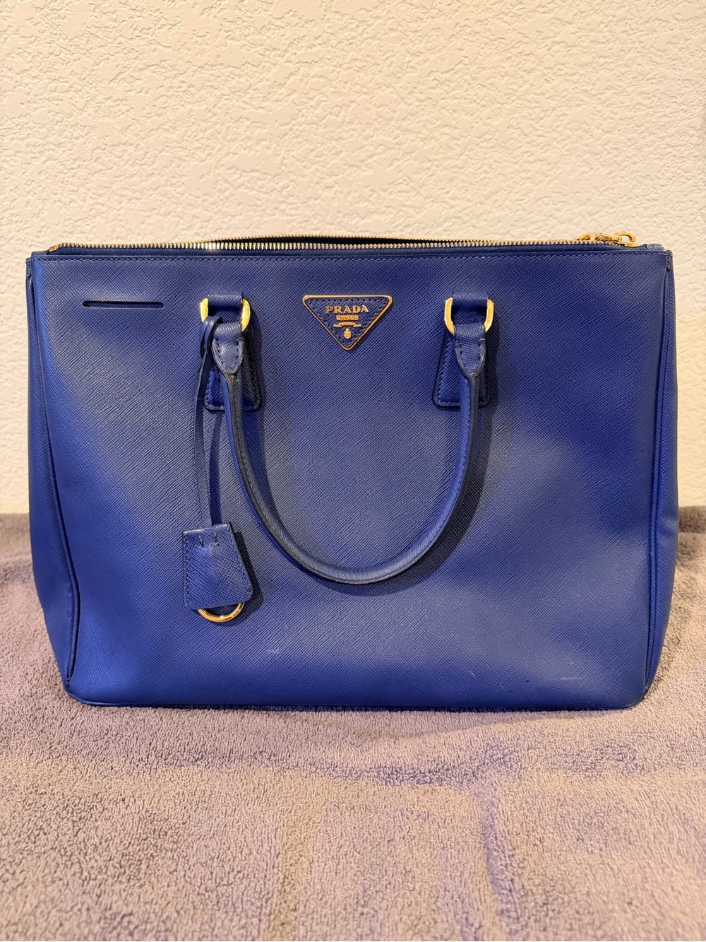 Prada Blue Saffiano Leather Satchel with Gold Hardware